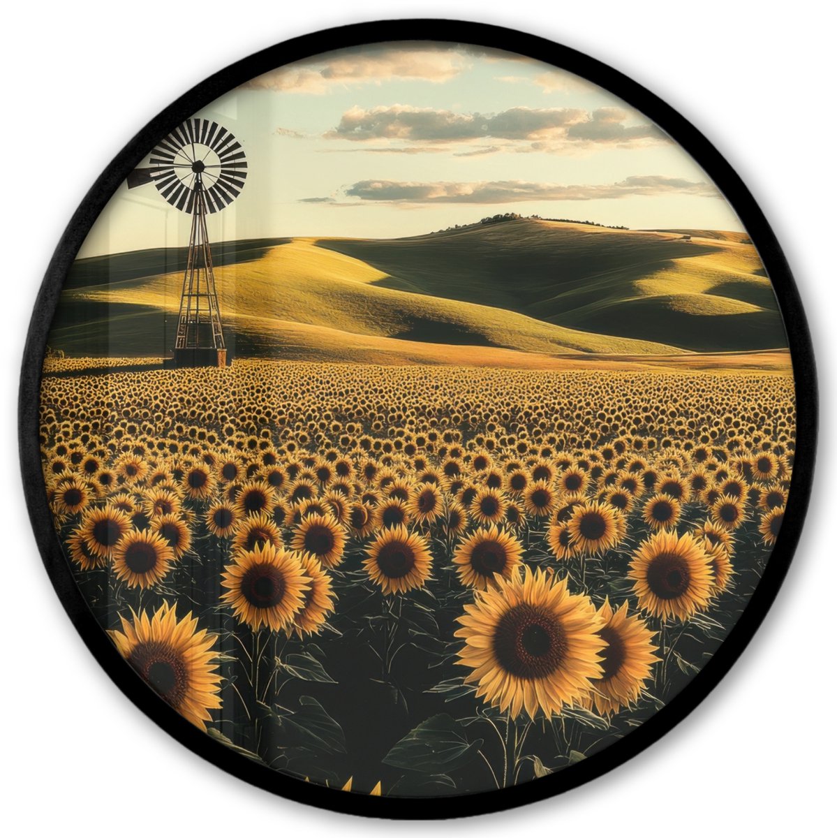 FrameYourWall Poster in lijst Rond - Fotolijst 40x40 cm - Posters - Zonnebloem - Veld - Windmolen - Ronde posterlijst zwart - Decoratie - Wanddecoratie woonkamer - Muurdecoratie slaapkamer