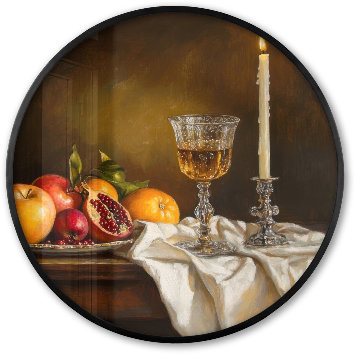 FrameYourWall Poster in lijst Rond - Fotolijst 80x80 cm - Posters - Fruit - Stilleven - Wijn - Kaars - Ronde posterlijst zwart - Decoratie - Wanddecoratie woonkamer - Muurdecoratie slaapkamer Kaars - Stilleven