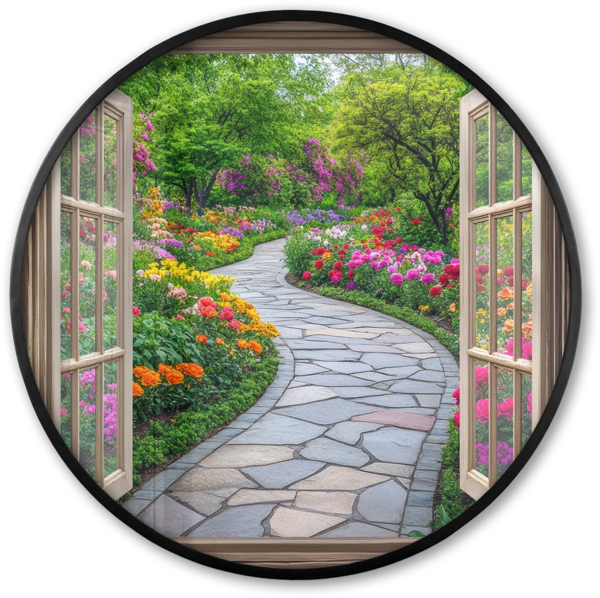 FrameYourWall Poster in lijst Rond - Fotolijst 60x60 cm - Posters - Doorkijk - Bloemen - Tuinpad - Natuur - Raam - Ronde posterlijst zwart - Decoratie - Wanddecoratie woonkamer - Muurdecoratie slaapkamer