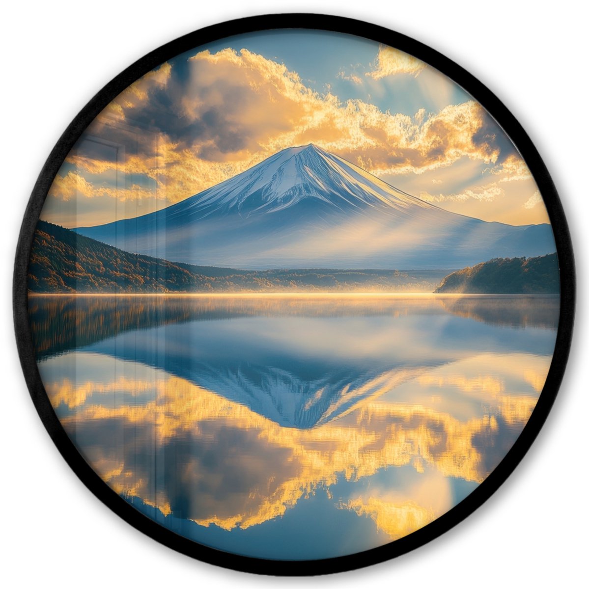 FrameYourWall Poster in lijst Rond - Fotolijst 40x40 cm - Posters - Berg - Rivier - Zonsondergang - Ronde posterlijst zwart - Decoratie - Wanddecoratie woonkamer - Muurdecoratie slaapkamer Landschap - Bergen