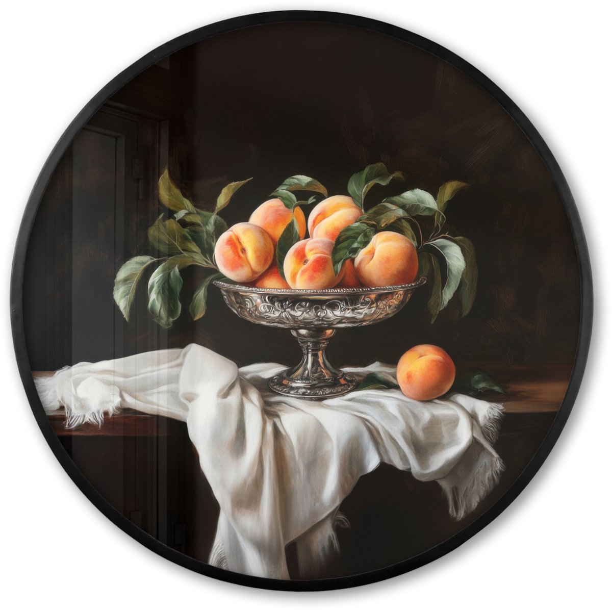 FrameYourWall Poster in lijst Rond - Fotolijst 80x80 cm - Posters - Stilleven - Perziken - Vintage - Ronde posterlijst zwart - Decoratie - Wanddecoratie woonkamer - Muurdecoratie slaapkamer