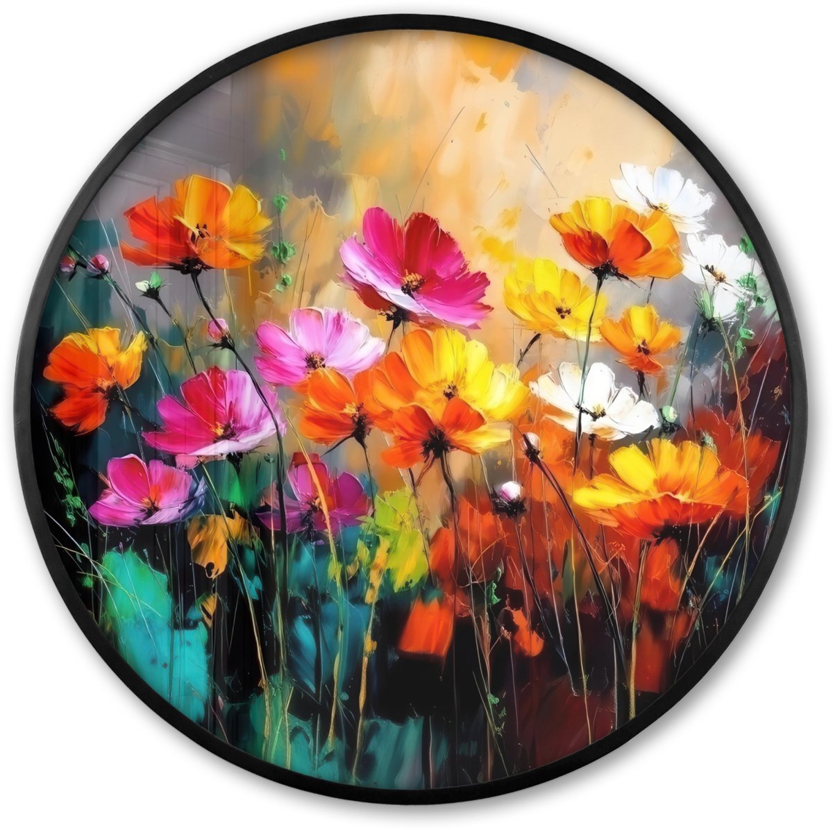FrameYourWall Poster in lijst Rond - Fotolijst 60x60 cm - Posters - Felgekleurd - Bloemblaadjes - Abstract - Ronde posterlijst zwart - Decoratie - Wanddecoratie woonkamer - Muurdecoratie slaapkamer