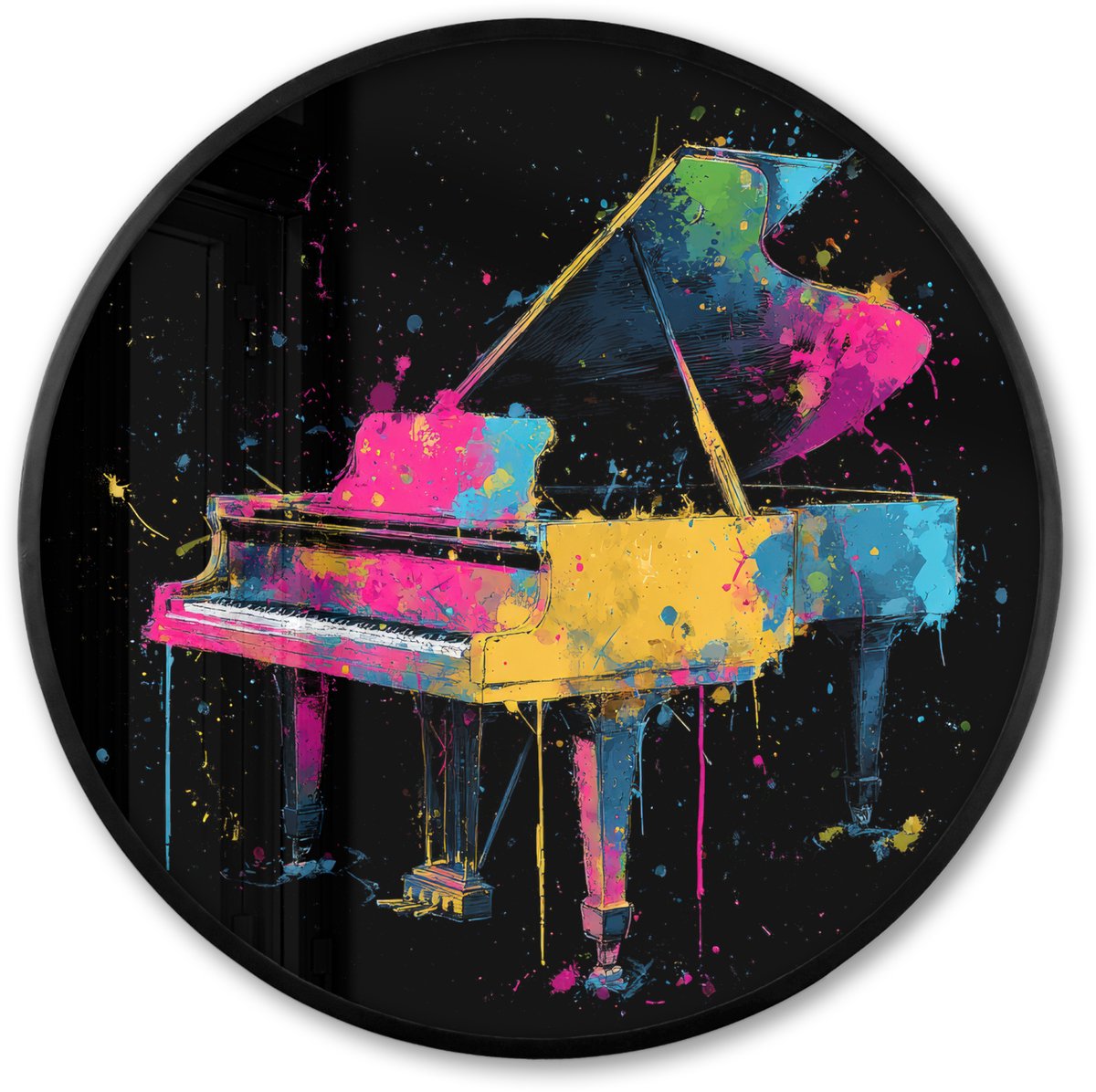 FrameYourWall Poster in lijst Rond - Fotolijst 80x80 cm - Posters - Piano - Kleurrijk - Verf - Modern - Ronde posterlijst zwart - Decoratie - Wanddecoratie woonkamer - Muurdecoratie slaapkamer Piano - Verf - Kleurrijk