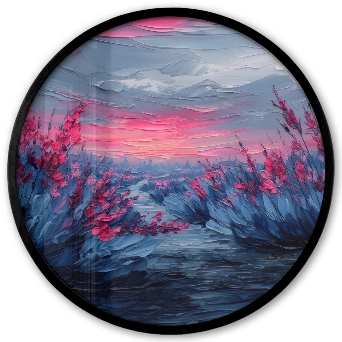 FrameYourWall Poster in lijst Rond - Fotolijst 40x40 cm - Posters - Schilderij - Zonsondergang - Bloemen - Rivier - Ronde posterlijst zwart - Decoratie - Wanddecoratie woonkamer - Muurdecoratie slaapkamer