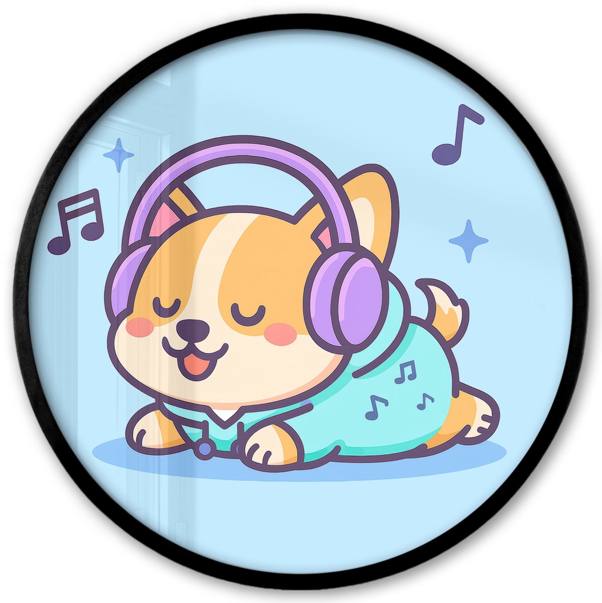 FrameYourWall Poster in lijst Rond - Fotolijst 40x40 cm - Posters - Corgi - Koptelefoon - Blauw - Muzieknoten - Ronde posterlijst zwart - Decoratie - Wanddecoratie woonkamer - Muurdecoratie slaapkamer Hond