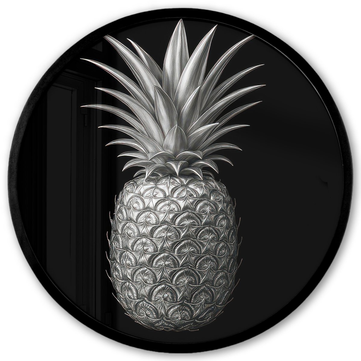 FrameYourWall Poster in lijst Rond - Fotolijst 40x40 cm - Posters - Ananas - Gedetailleerd - Bladeren - Ronde posterlijst zwart - Decoratie - Wanddecoratie woonkamer - Muurdecoratie slaapkamer