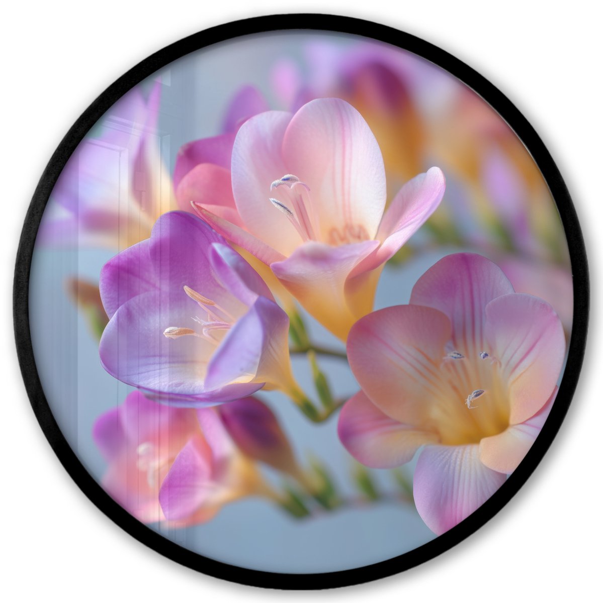 FrameYourWall Poster in lijst Rond - Fotolijst 40x40 cm - Posters - Bloemen - Paars - Overloop - Meeldraden - Ronde posterlijst zwart - Decoratie - Wanddecoratie woonkamer - Muurdecoratie slaapkamer Bloemen - Overloop