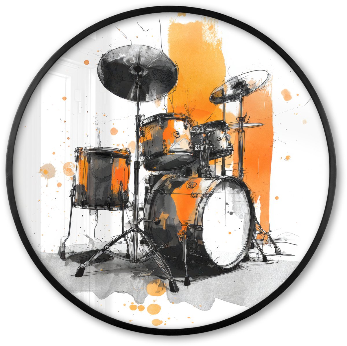 FrameYourWall Poster in lijst Rond - Fotolijst 80x80 cm - Posters - Drumstel - Oranje - Zwart - Aquarelverf - Ronde posterlijst zwart - Decoratie - Wanddecoratie woonkamer - Muurdecoratie slaapkamer