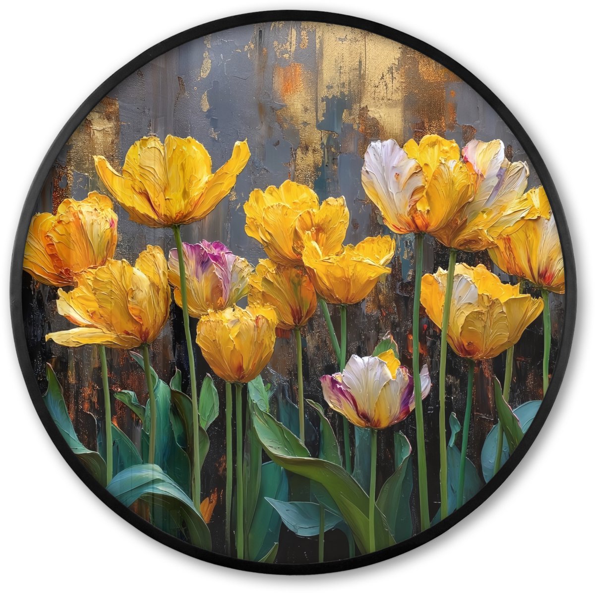 FrameYourWall Poster in lijst Rond - Fotolijst 60x60 cm - Posters - Tulpen - Geel - Penseelstreken - Abstract - Ronde posterlijst zwart - Decoratie - Wanddecoratie woonkamer - Muurdecoratie slaapkamer