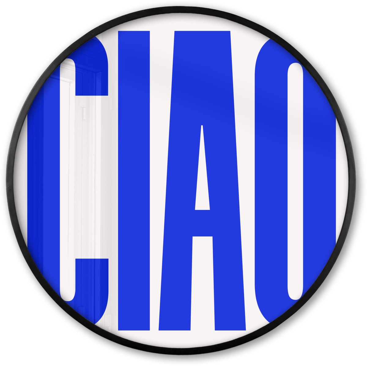 FrameYourWall Poster in lijst Rond - Fotolijst 80x80 cm - Posters - Ciao - Hoofdletters - Blauw - Minimalistisch - Ronde posterlijst zwart - Decoratie - Wanddecoratie woonkamer - Muurdecoratie slaapkamer Tekst - Ciao