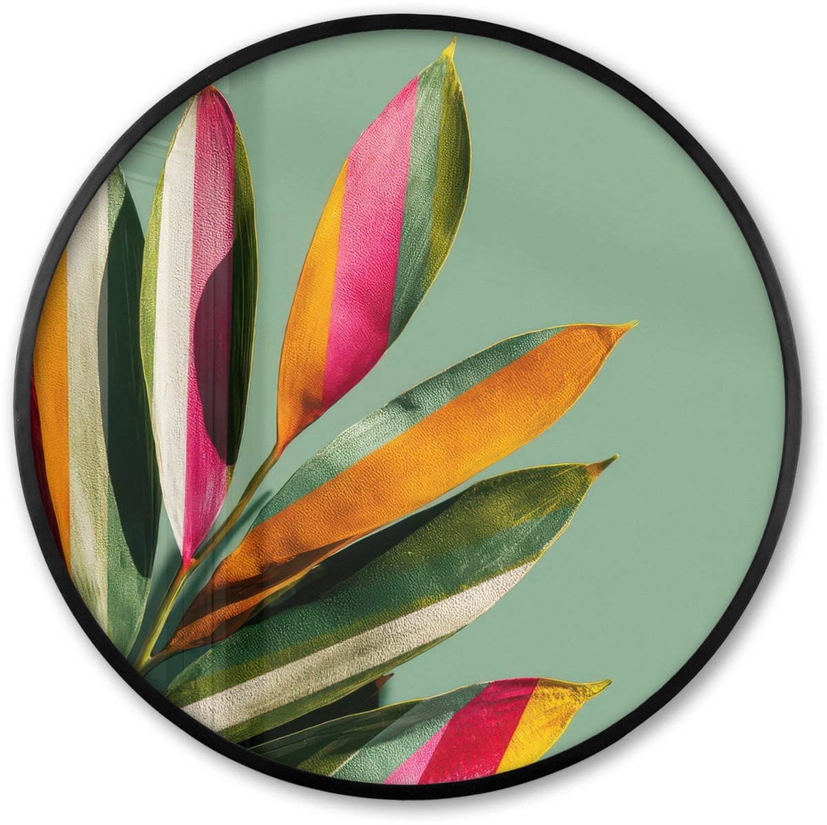 FrameYourWall Poster in lijst Rond - Fotolijst 60x60 cm - Posters - Bladeren - Tak - Kleurrijk - Ronde posterlijst zwart - Decoratie - Wanddecoratie woonkamer - Muurdecoratie slaapkamer