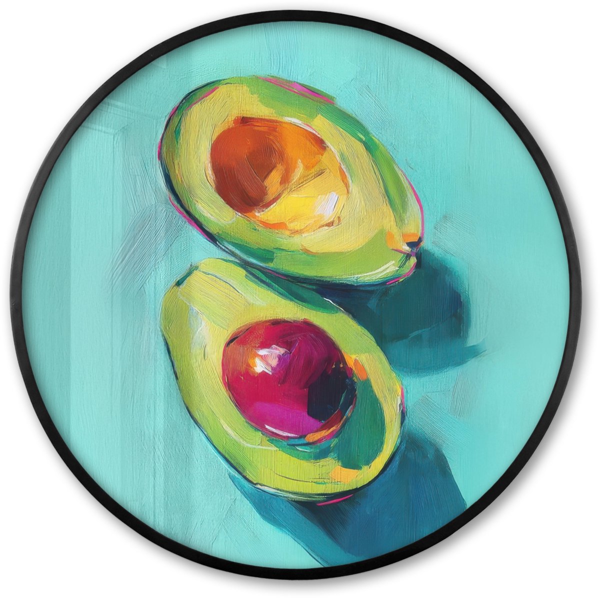 FrameYourWall Poster in lijst Rond - Fotolijst 80x80 cm - Posters - Avocado - Groen - Pit - Schaduw - Ronde posterlijst zwart - Decoratie - Wanddecoratie woonkamer - Muurdecoratie slaapkamer