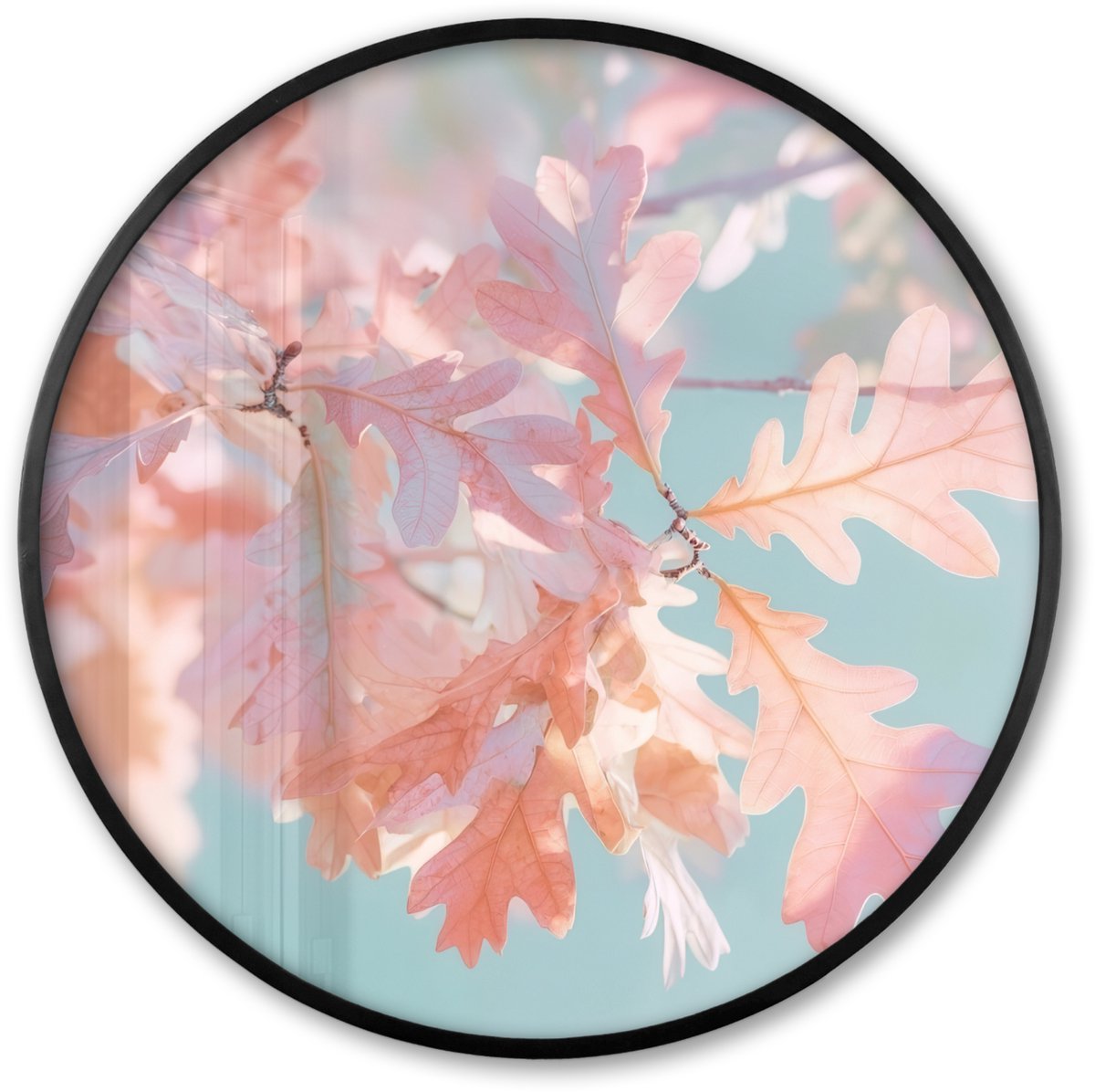 FrameYourWall Poster in lijst Rond - Fotolijst 60x60 cm - Posters - Eikenbladeren - Takken - Roze - Ronde posterlijst zwart - Decoratie - Wanddecoratie woonkamer - Muurdecoratie slaapkamer