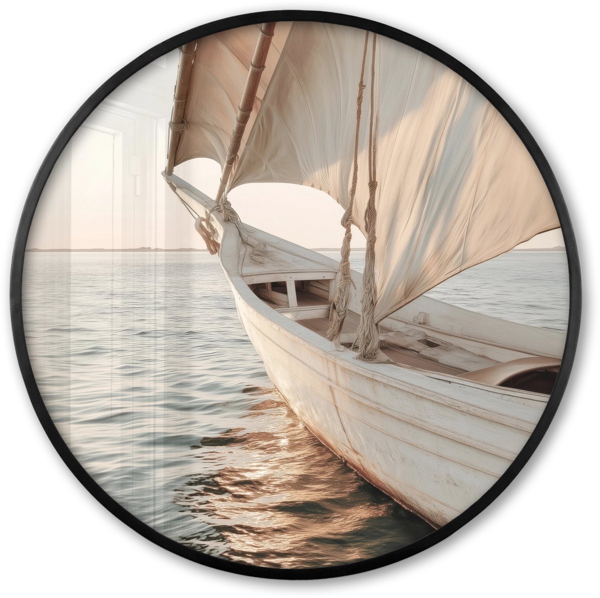 FrameYourWall Poster in lijst Rond - Fotolijst 80x80 cm - Posters - Zeilboot - Zee - Beige - Zon - Ronde posterlijst zwart - Decoratie - Wanddecoratie woonkamer - Muurdecoratie slaapkamer Zeilboot - Zon - Zee