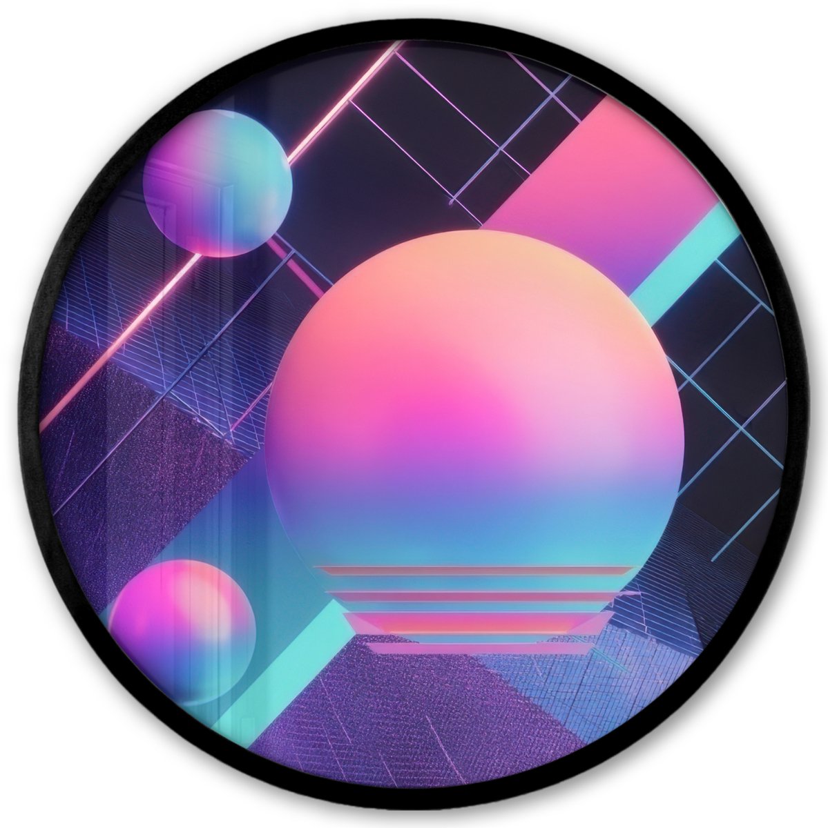 FrameYourWall Poster in lijst Rond - Fotolijst 40x40 cm - Posters - Cirkels - Vlakken - Abstract - Blauw - Ronde posterlijst zwart - Decoratie - Wanddecoratie woonkamer - Muurdecoratie slaapkamer Cirkels - Neon