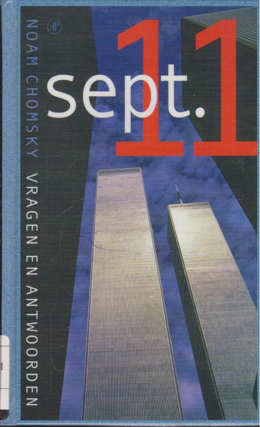 Boekomslag met de tekst 'sept. 11' en 'Noam Chomsky Vragen En Antwoorden', en een afbeelding van de Twin Towers.