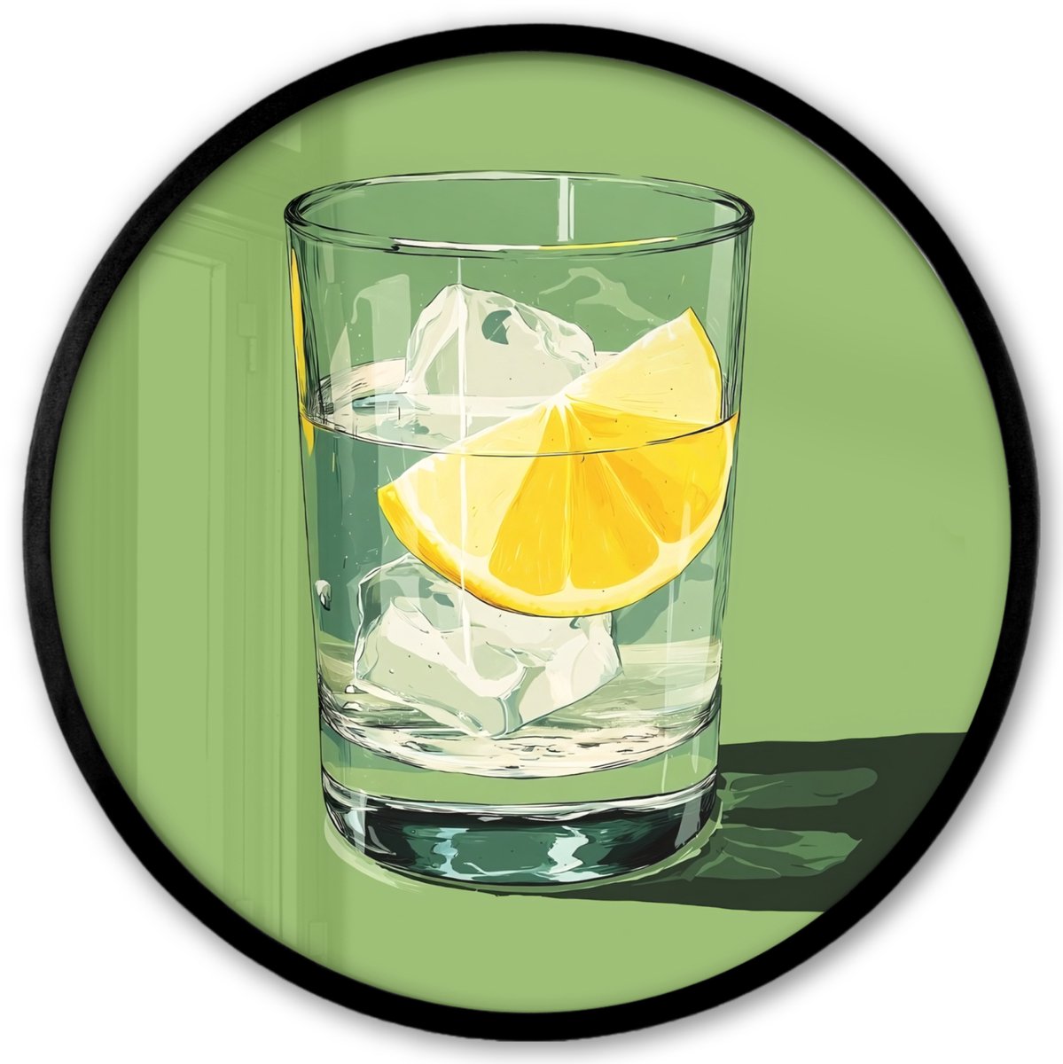 FrameYourWall Poster in lijst Rond - Fotolijst 40x40 cm - Posters - Glas - Citroen - Ijsblokjes - Groen - Ronde posterlijst zwart - Decoratie - Wanddecoratie woonkamer - Muurdecoratie slaapkamer Glas - Ijsblokjes - Citroen