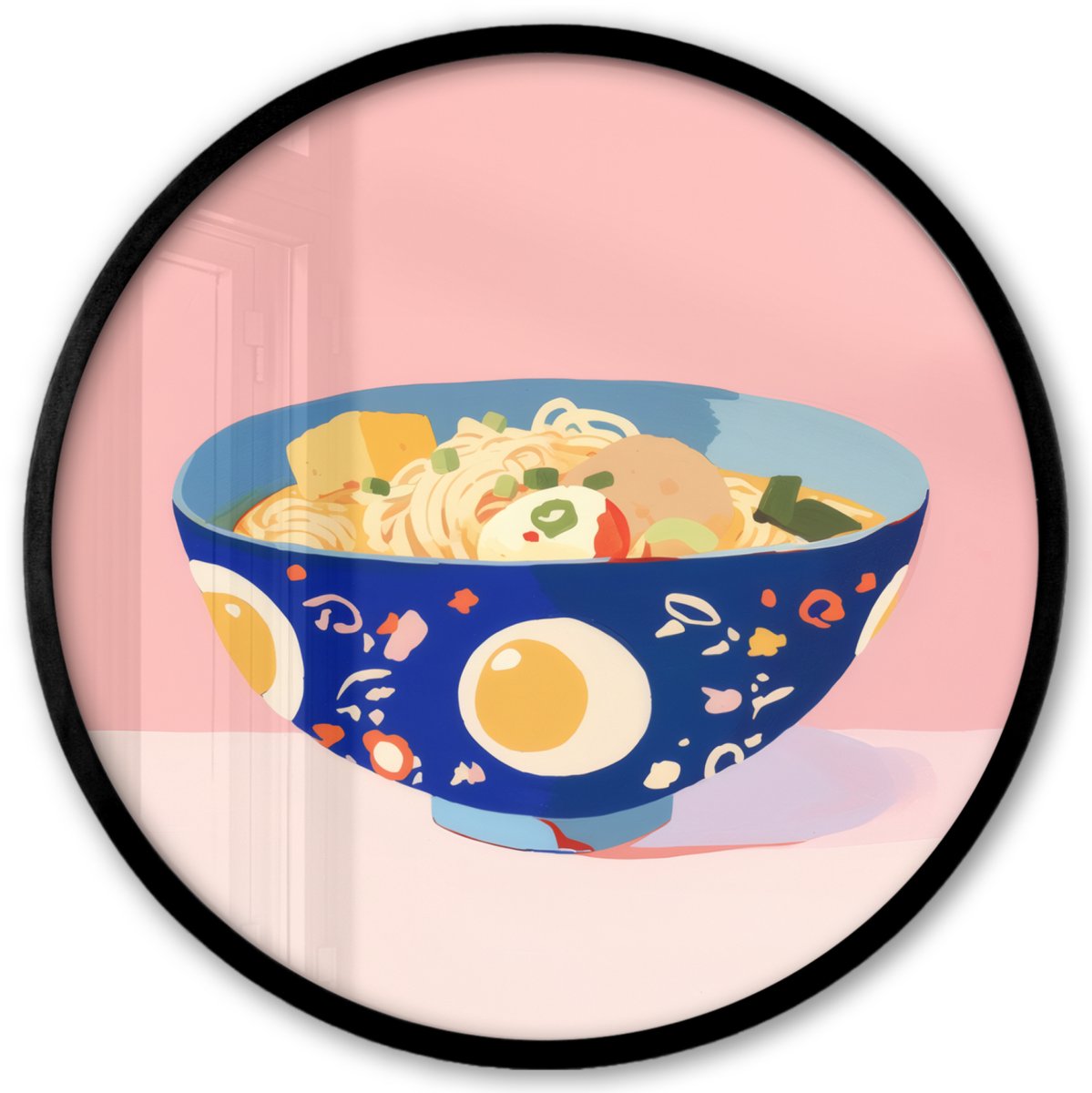 FrameYourWall Poster in lijst Rond - Fotolijst 40x40 cm - Posters - Noodles - Kom - Blauw - Illustratie - Ronde posterlijst zwart - Decoratie - Wanddecoratie woonkamer - Muurdecoratie slaapkamer