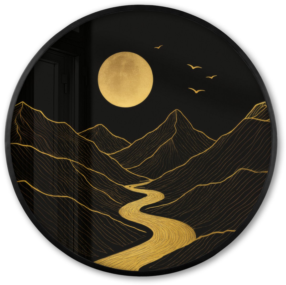 FrameYourWall Poster in lijst Rond - Fotolijst 60x60 cm - Posters - Rivier - Goud - Maan - Vogels - Ronde posterlijst zwart - Decoratie - Wanddecoratie woonkamer - Muurdecoratie slaapkamer Rivier - Bergen - Maan