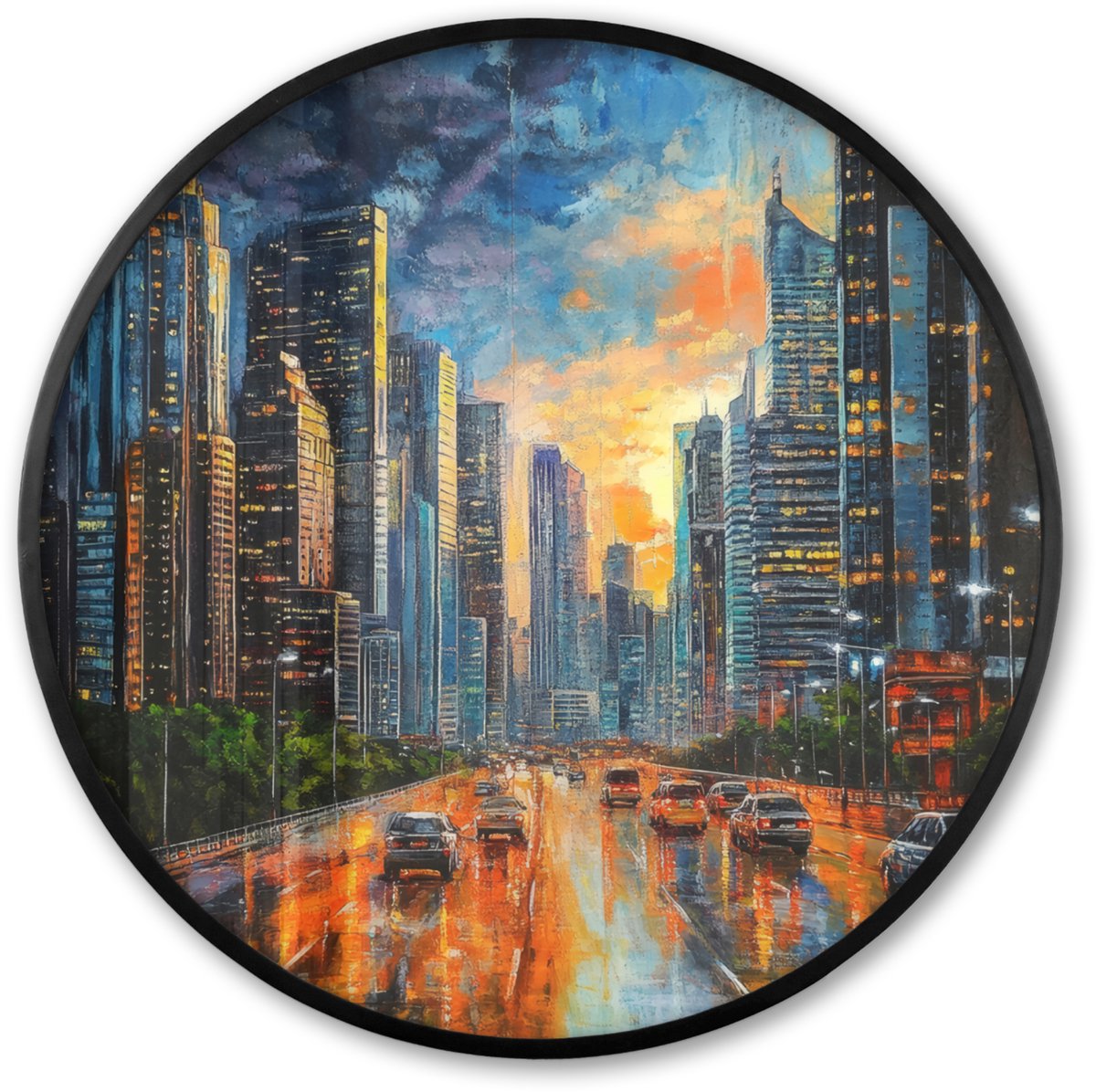 FrameYourWall Poster in lijst Rond - Fotolijst 60x60 cm - Posters - Auto - Skyline - Zon - Blauw - Ronde posterlijst zwart - Decoratie - Wanddecoratie woonkamer - Muurdecoratie slaapkamer Auto - Gebouwen