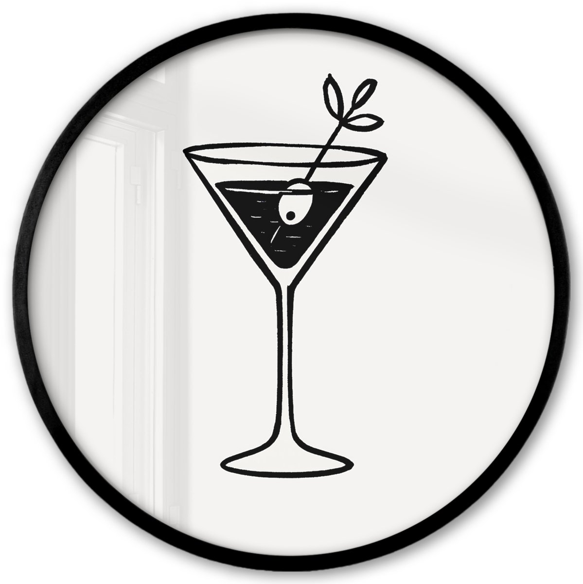 FrameYourWall Poster in lijst Rond - Fotolijst 40x40 cm - Posters - Cocktail - Glas - Olijf - Minimalistisch - Ronde posterlijst zwart - Decoratie - Wanddecoratie woonkamer - Muurdecoratie slaapkamer Cocktail - Minimalistisch