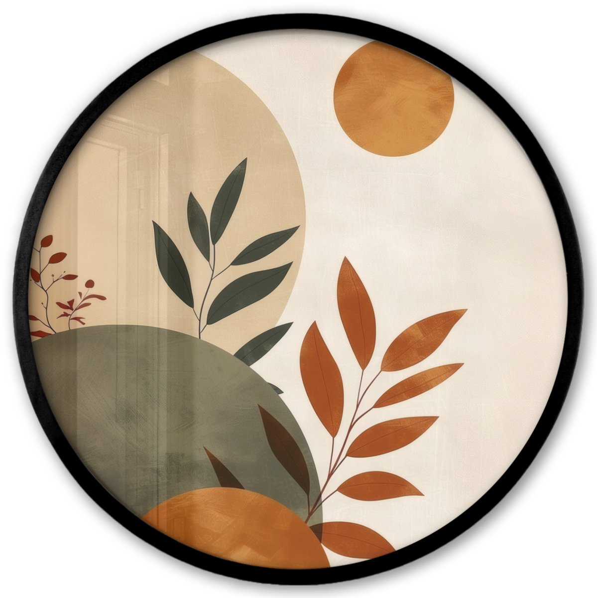 FrameYourWall Poster in lijst Rond - Fotolijst 40x40 cm - Posters - Vormen - Rond - Bladeren - Beige - Ronde posterlijst zwart - Decoratie - Wanddecoratie woonkamer - Muurdecoratie slaapkamer Bladeren - Vorm - Abstract
