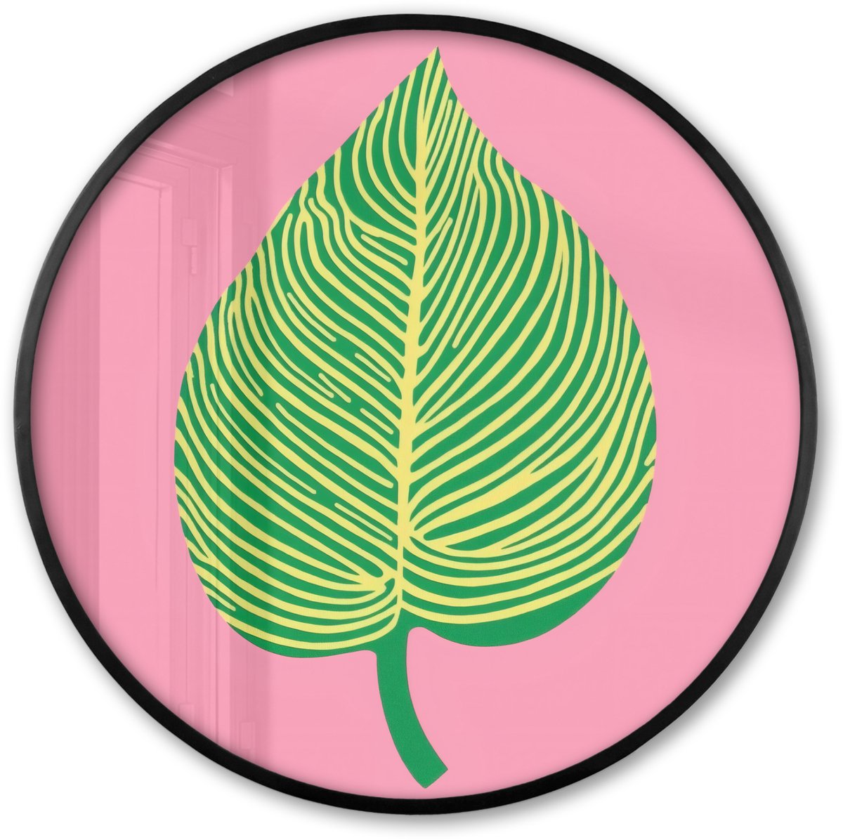 FrameYourWall Poster in lijst Rond - Fotolijst 60x60 cm - Posters - Illustratie - Blad - Minimalistisch - Groen - Ronde posterlijst zwart - Decoratie - Wanddecoratie woonkamer - Muurdecoratie slaapkamer
