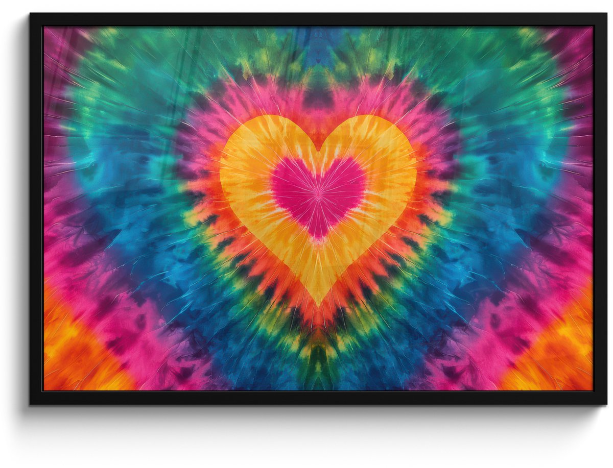 FrameYourWall Poster in lijst - Fotolijst 90x60 cm - Posters - Hart - Tie Dye - Kleurrijk - Posterlijst zwart - Decoratie - Wanddecoratie woonkamer - Muurdecoratie slaapkamer Multicolor