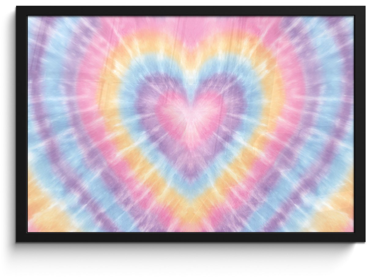 FrameYourWall Poster in lijst - Fotolijst 60x40 cm - Posters - Hartvorm - Pastelkleuren - Tie Dye - Posterlijst zwart - Decoratie - Wanddecoratie woonkamer - Muurdecoratie slaapkamer Multicolor
