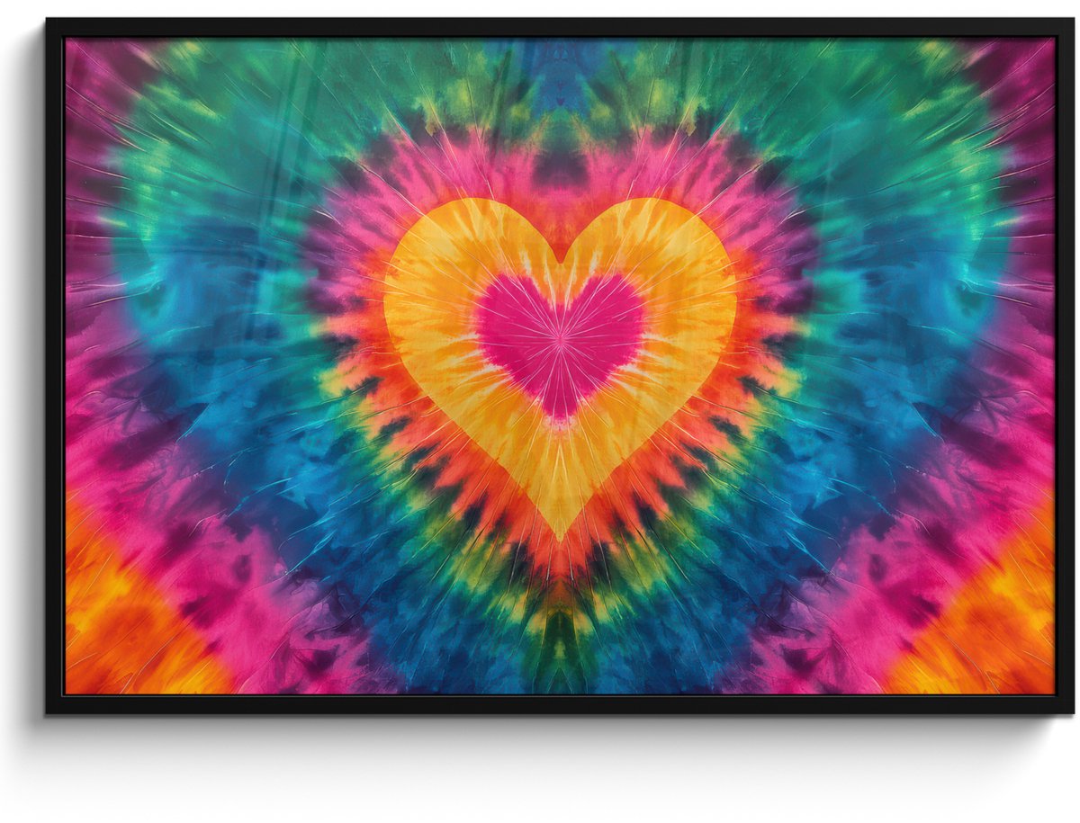 FrameYourWall Poster in lijst - Fotolijst 120x80 cm - Posters - Hart - Tie Dye - Kleurrijk - Posterlijst zwart - Decoratie - Wanddecoratie woonkamer - Muurdecoratie slaapkamer Multicolor