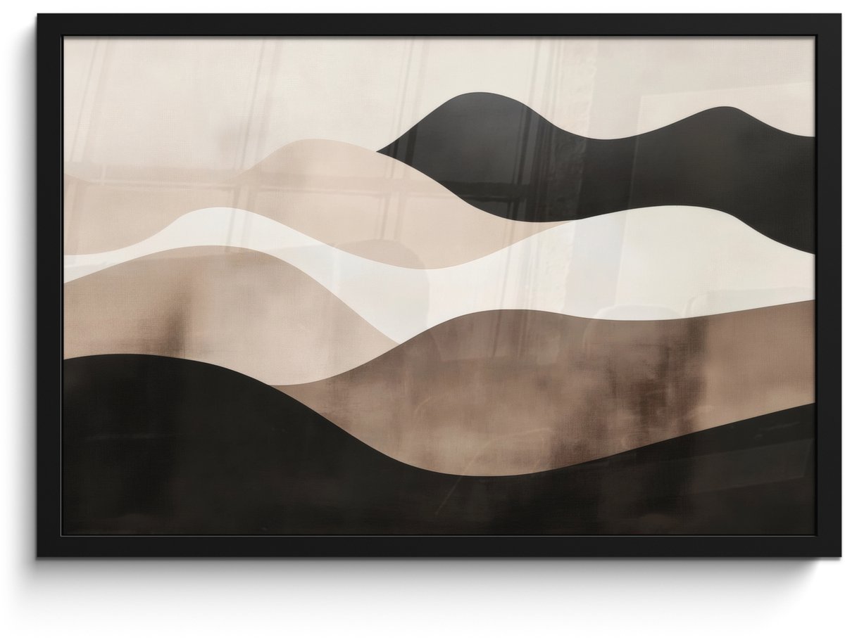 FrameYourWall Poster in lijst - Fotolijst 60x40 cm - Posters - Abstract - Landschap - Golven - Crèmekleur - Posterlijst zwart - Decoratie - Wanddecoratie woonkamer - Muurdecoratie slaapkamer Golven - Abstract - Crèmekleur