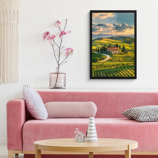Poster in lijst - Fotolijst 40x60 cm - Posters - Toscane - Landschap - Wijngaarden - Posterlijst zwart - Decoratie - Wanddecoratie woonkamer - Muurdecoratie slaapkamer