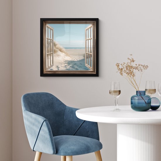 Affiche encadrée - Cadre photo 40x40 cm - Posters - Vue à travers - Herbiers - Dunes - Mer - Paysage - Poster cadre noir - Décoration - Décoration murale salon - Décoration murale chambre