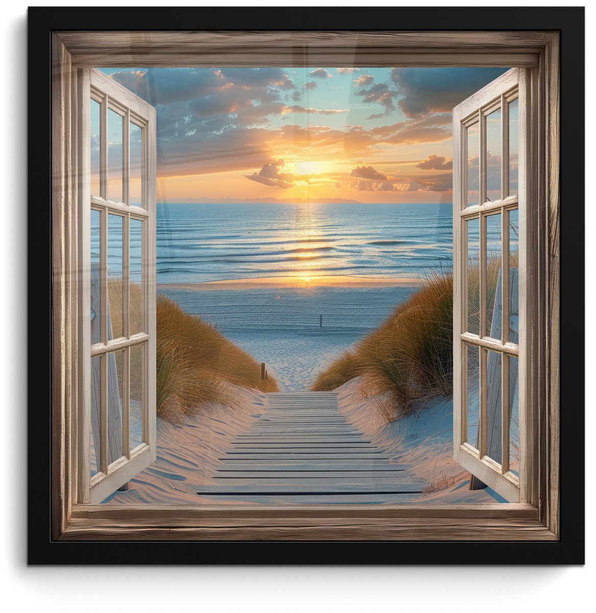 FrameYourWall Poster in lijst - Fotolijst 40x40 cm - Posters - Doorkijk - Strand - Pad - Zonsondergang - Posterlijst zwart - Decoratie - Wanddecoratie woonkamer - Muurdecoratie slaapkamer Zonsondergang - Zee