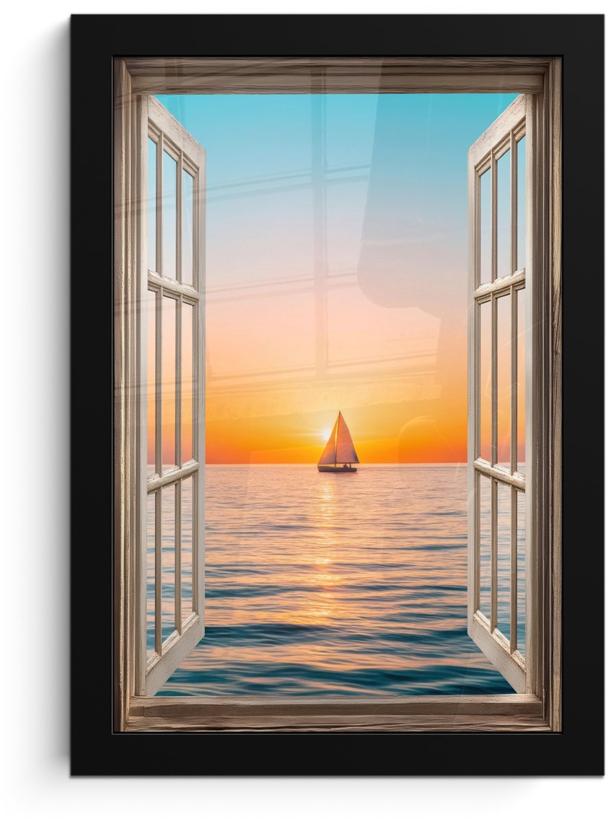 FrameYourWall Poster in lijst - Fotolijst 20x30 cm - Posters - Doorkijk - Zee - Boot - Zonsondergang - Posterlijst zwart - Decoratie - Wanddecoratie woonkamer - Muurdecoratie slaapkamer Zonsondergang - Boot
