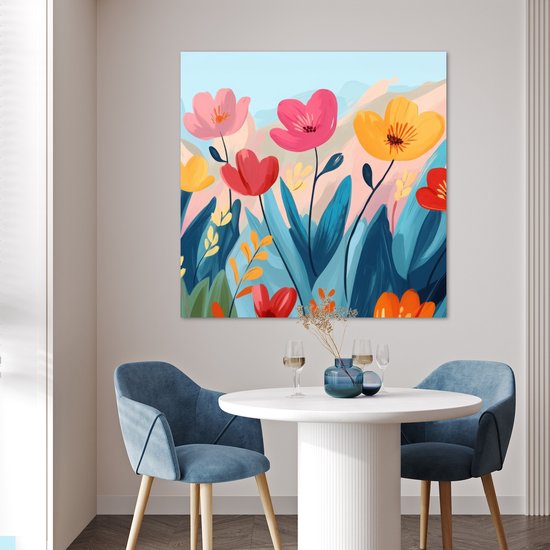 Poster 100x100 cm - Illustratie - Bloemen - Kleurrijk - Posters - Kamer decoratie - Wanddecoratie woonkamer - Muurdecoratie slaapkamer XXL