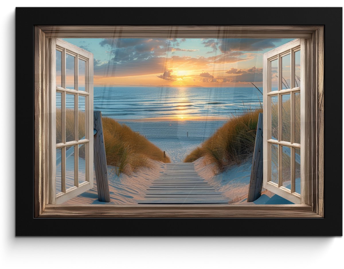 FrameYourWall Poster in lijst - Fotolijst 30x20 cm - Posters - Doorkijk - Strand - Pad - Zonsondergang - Posterlijst zwart - Decoratie - Wanddecoratie woonkamer - Muurdecoratie slaapkamer Zonsondergang - Zee