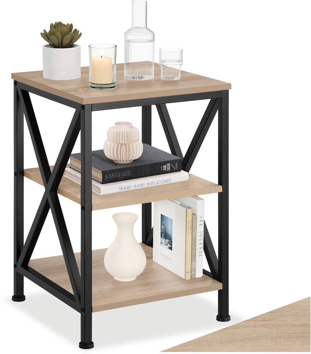 tectake® Bijzettafel van Hout en Metaal – Nachtkastje met 3 Niveaus, X-Vormige Spijlen, Industrieel Design, Vintage Salontafel, Zwart Metalen Frame – Licht Sonoma Eiken