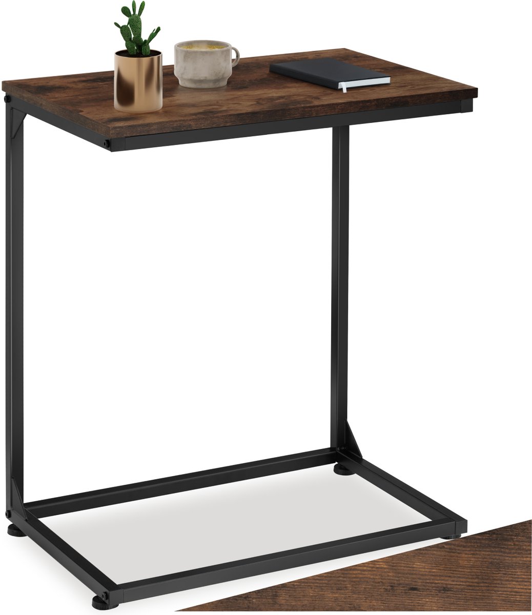 tectake® C-Vormige Bijzettafel van Hout en Metaal – Industriële Stijl, Vintage Laptoptafel voor Bed of Bank, 55,5x35x67 cm, Zwart Metalen Frame – Industrial Dark Brown