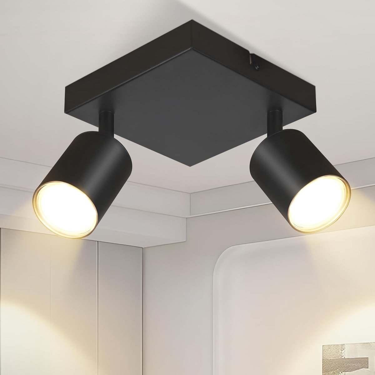 Glitzerlife Zwarte Vierkante Plafondspot - Plafondlamp - 2-lichts GU10 Fitting MAX. 25W Exclusief Lichtbron - 350° Zwenkbaar Metaal - Modern Design voor Woonkamer Slaapkamer Keuken Hal