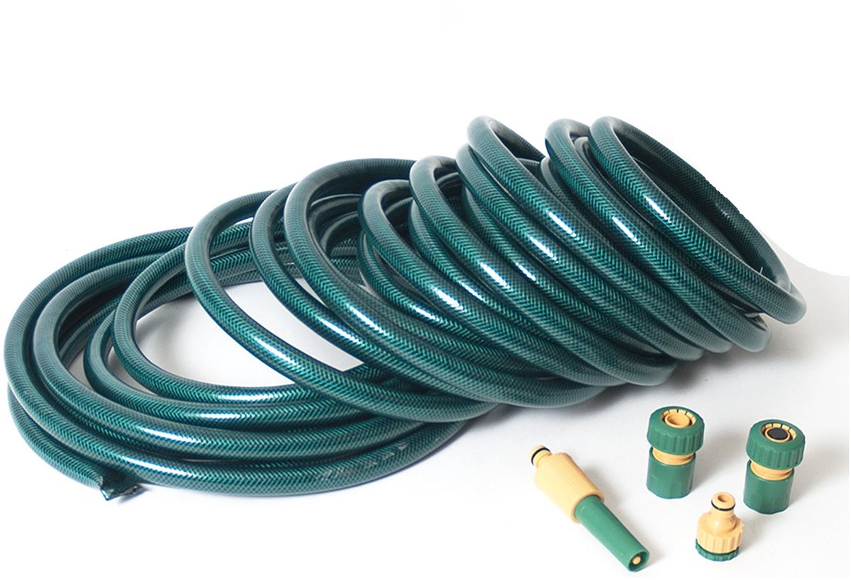 Groene tuinslang set met koppelingen en verstelbare spuit - 20 meter - tuinbewatering