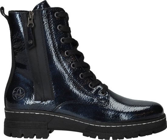 Vue latérale d'une botte à lacets bleu marine brillante avec fermeture éclair et détails argentés.