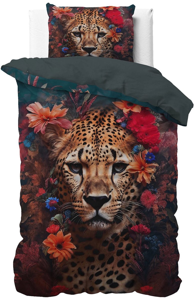 1-persoons luxe dekbedovertrek (dekbed hoes) donkergroen met luipaard “leopard” / panter / cheetah tussen gekleurde bloemen KATOENSATIJN eenpersoons 140 x 220 cm TOP kwaliteit! (fotoprint natuur dier)