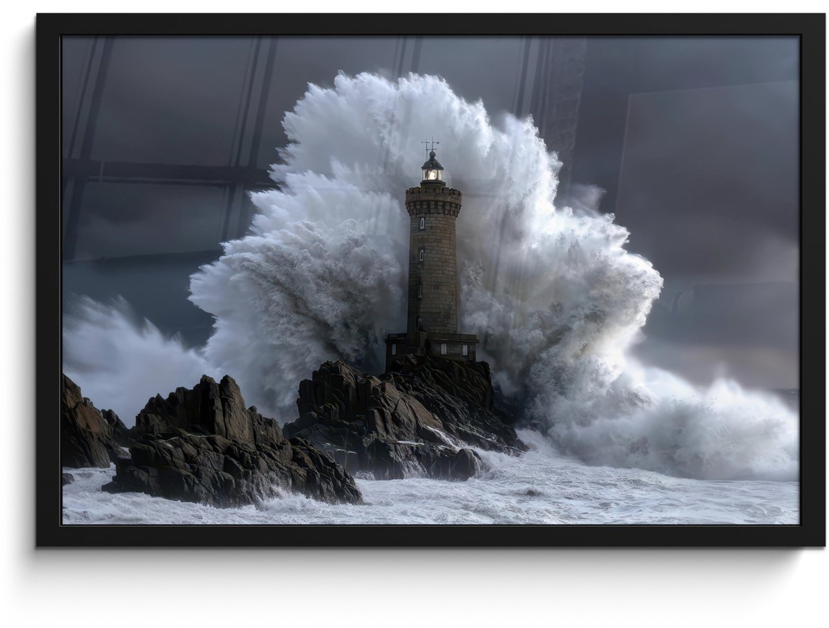FrameYourWall Poster in lijst - Fotolijst 60x40 cm - Posters - Golf - Vuurtoren - Schuimend water - Posterlijst zwart - Decoratie - Wanddecoratie woonkamer - Muurdecoratie slaapkamer