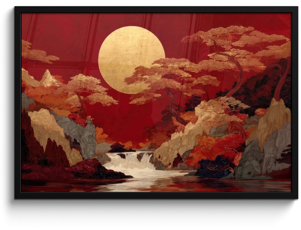 FrameYourWall Poster in lijst - Fotolijst 90x60 cm - Posters - Volle maan - Landschap - Waterval - Posterlijst zwart - Decoratie - Wanddecoratie woonkamer - Muurdecoratie slaapkamer