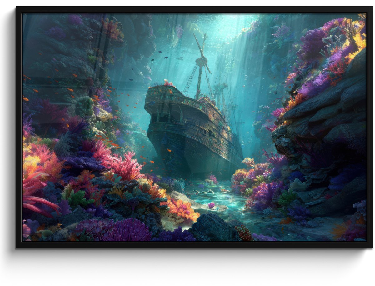 FrameYourWall Poster in lijst - Fotolijst 120x80 cm - Posters - Schip - Hout - Koraalriffen - Zonlicht - Posterlijst zwart - Decoratie - Wanddecoratie woonkamer - Muurdecoratie slaapkamer