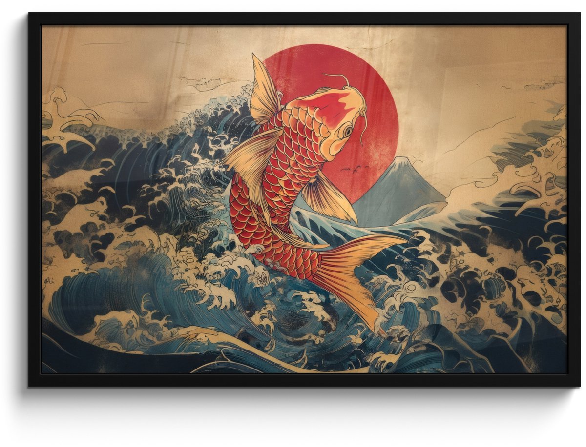 FrameYourWall Poster in lijst - Fotolijst 90x60 cm - Posters - Koi - Zee - Golven - Zon - Posterlijst zwart - Decoratie - Wanddecoratie woonkamer - Muurdecoratie slaapkamer