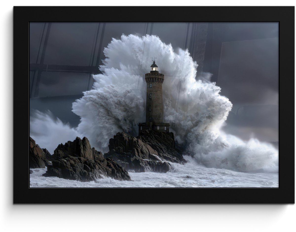 FrameYourWall Poster in lijst - Fotolijst 30x20 cm - Posters - Golf - Vuurtoren - Schuimend water - Posterlijst zwart - Decoratie - Wanddecoratie woonkamer - Muurdecoratie slaapkamer