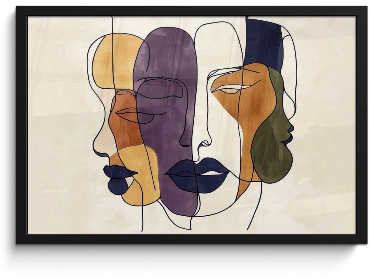 FrameYourWall Poster in lijst - Fotolijst 60x40 cm - Posters - Abstract - Overlappende gezichten - Paars - Donkergroen - Posterlijst zwart - Decoratie - Wanddecoratie woonkamer - Muurdecoratie slaapkamer Abstract - Gezichten