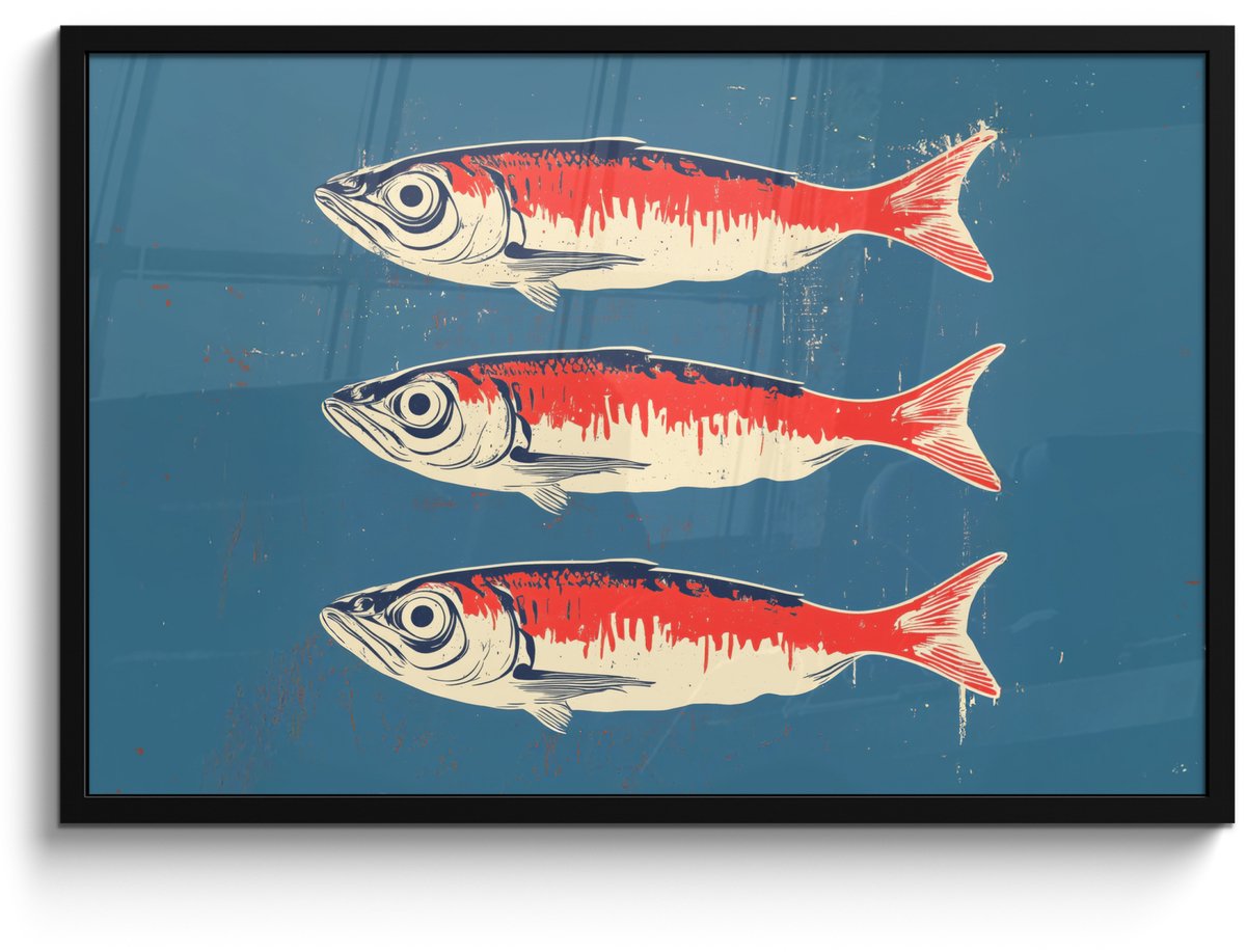 FrameYourWall Poster in lijst - Fotolijst 90x60 cm - Posters - Vissen - Rood - Blauw - Posterlijst zwart - Decoratie - Wanddecoratie woonkamer - Muurdecoratie slaapkamer